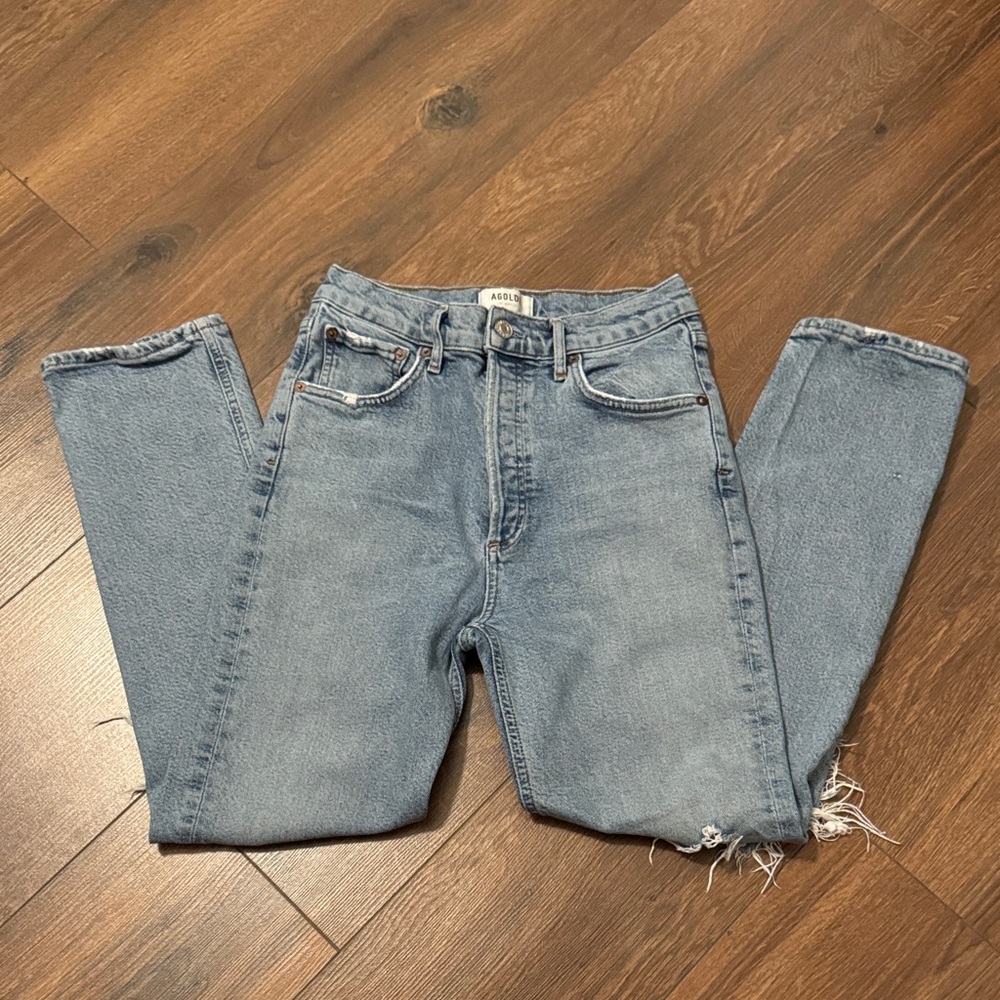 Agolde Distressed Light Wash Jeans Size 26 High Rise Straight Leg Raw Hem Denim